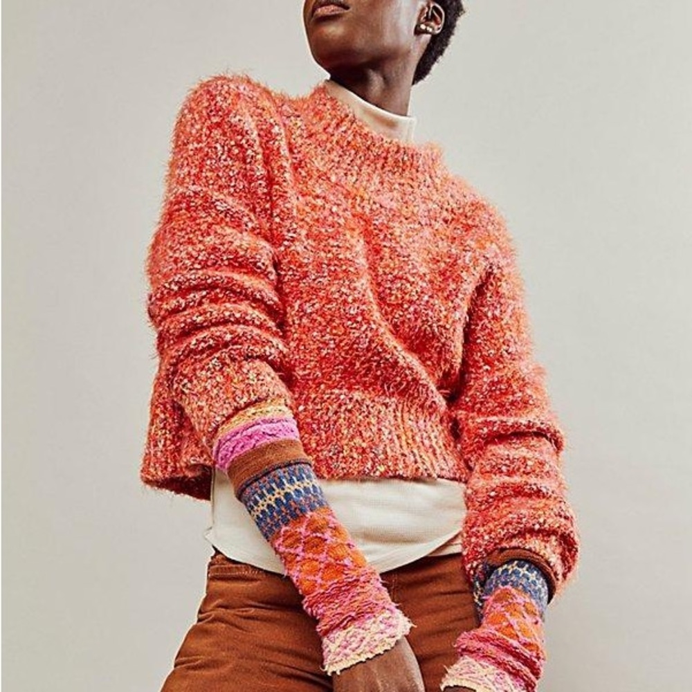 Free People Stardust Orange Chunky Knit Mock Neck Pullover Sweater - Picture 1 of 2
